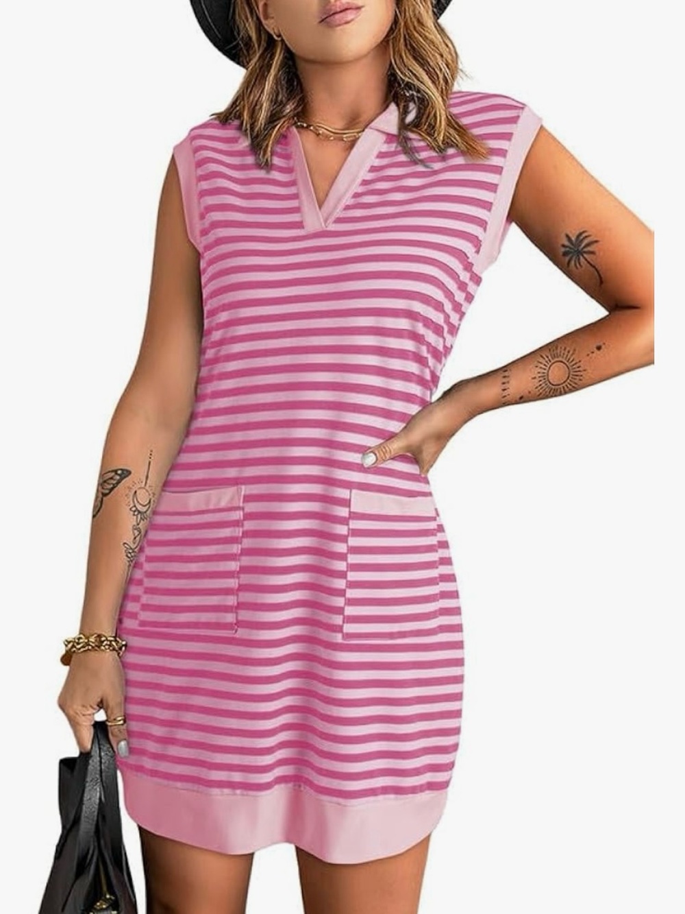 Pink Striped V-Neck Sleeveless Pocket Dress